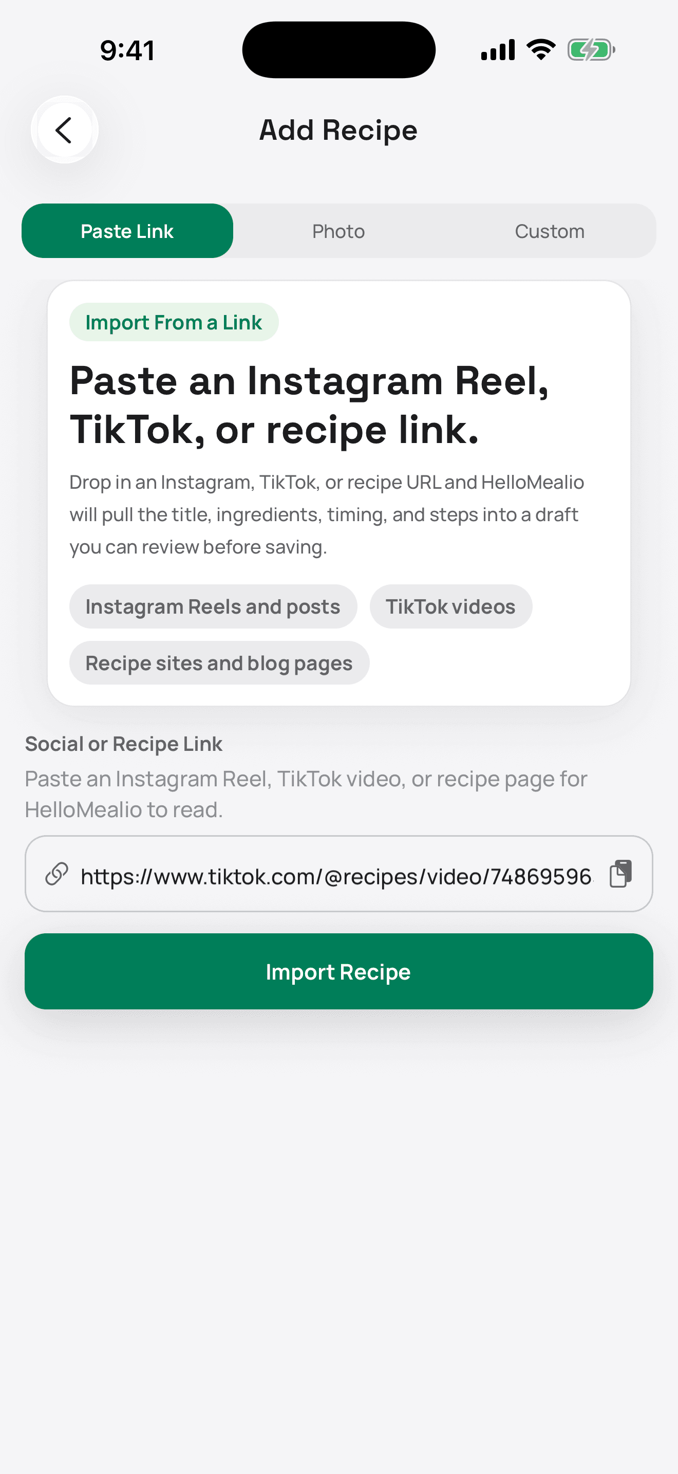 Add Recipe screen: paste an Instagram Reel, TikTok, or recipe link, with Photo and Custom tabs for cookbook snaps and scratch recipes