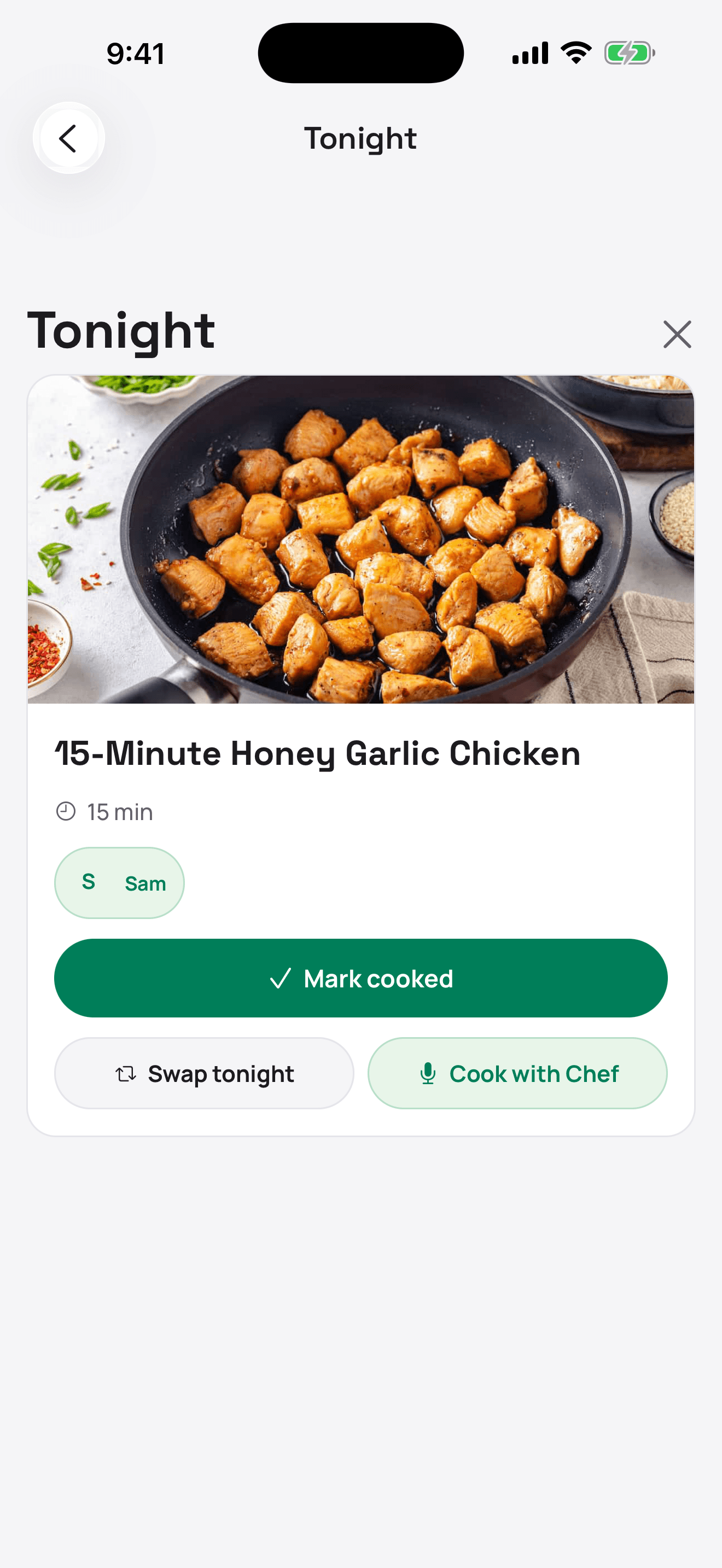 Tonight Mode in HelloMealio: tonight's dinner, whose night it is to cook, and one-tap Mark cooked, Swap tonight, and Cook with Chef actions