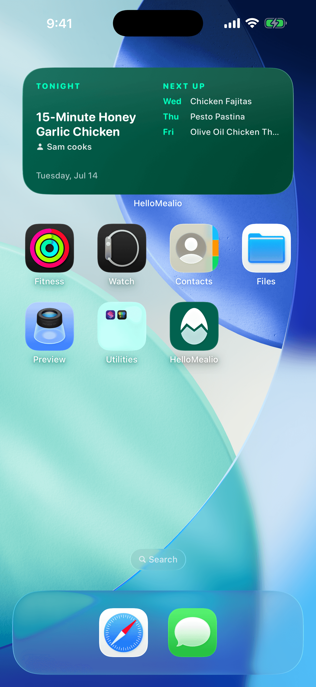 iPhone home screen with the HelloMealio widget: tonight's dinner, who cooks it, and the next nights up, answered before you even open the app